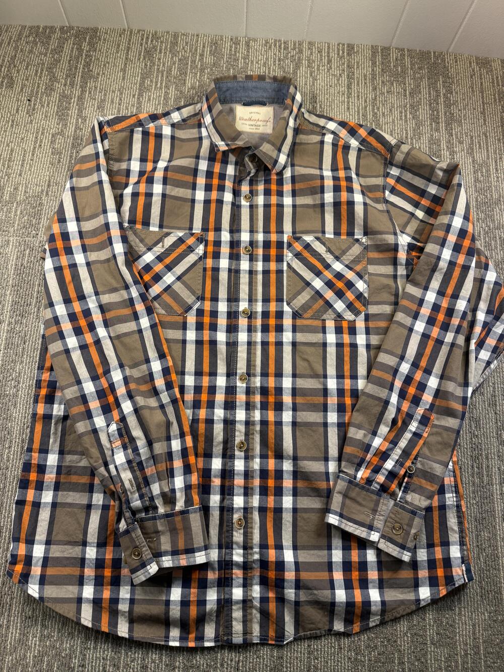 Weatherproof Vintage Shirt Mens Large Brown Plaid Long Sleeve Button Up Casual